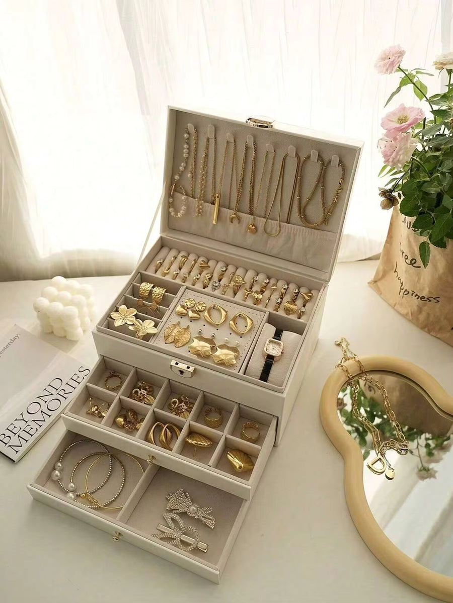 3-Layer Locking Large Capacity Jewelry Storage Box, Portable Jewelry Storage Box, Dresser Jewelry Storage Box With Drawer