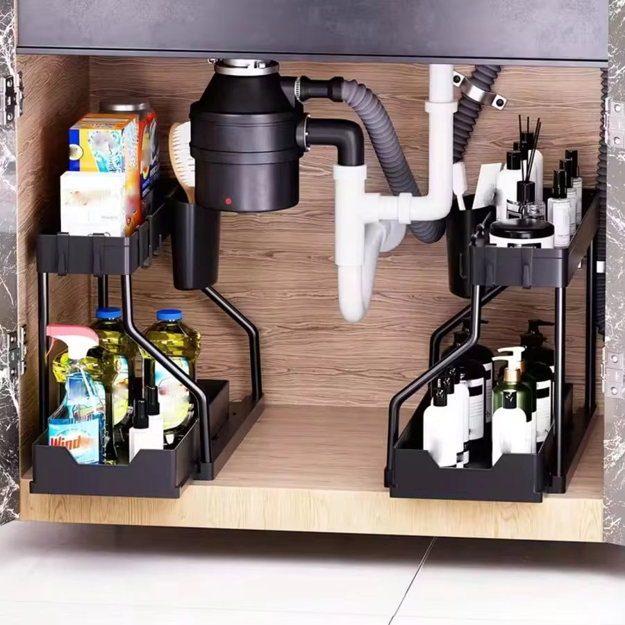 2 Pack Pull Out Under Sink Organizer, 2-Tier Sliding Kitchen Bathroom Cabinet Storage Shelf With Hanging Cups, Pipe Gap Compatible Storage Rack For Cleaning Supplies